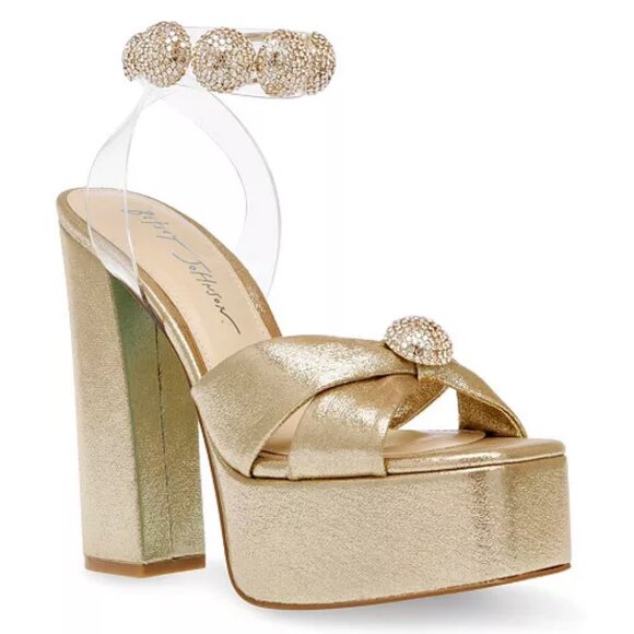 Betsey Johnson Gold Platform Heels 8.5 Rhinestone Glam Going Out Chunky Heel EUC - Picture 1 of 15
